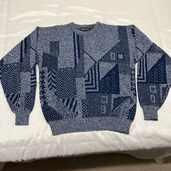 Vintage Sweater Mens M Blue Abstract Geometric Pullover 80s 90s J.T Beckett - Picture 1 of 13